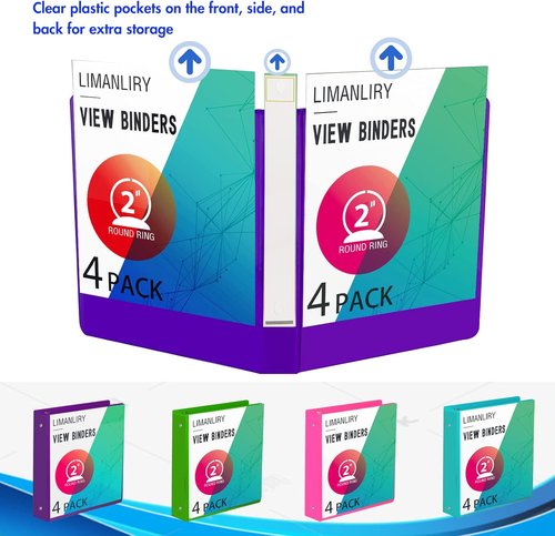 Round 2" Customizable 2-Inch Binders - 3 Ring View Binder with Pockets | Assorted Colors, 4 Pack