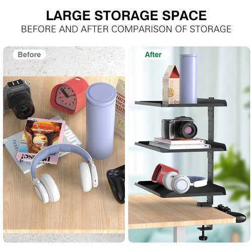 ONDAIUN 3 Tier Clamp On Desk Shelf - Over Or Under Table Clamp,with Adjustable Metal Storage Tray Headphone Stand with No Drill Installation, for Home Office, Gaming Devices,Storage Tray,and More