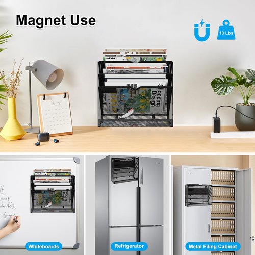 KZWKRG 4 Tier Magnetic File Holder, Large Capacity Mesh Hanging Wall Organizer Vertical Magnetic Hanging File Organizer, Magnetic File Folder Holder for File Cabinets, Office, Whiteboard (Black)