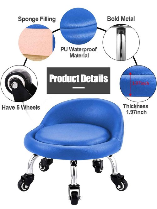 Lanstics Low Roller Seat Stool with Universal Swivel Wheels Leather Rolling Stool Seats with Cushion Backrest 360 Rolling Stools for Home Office Fitness (Blue)