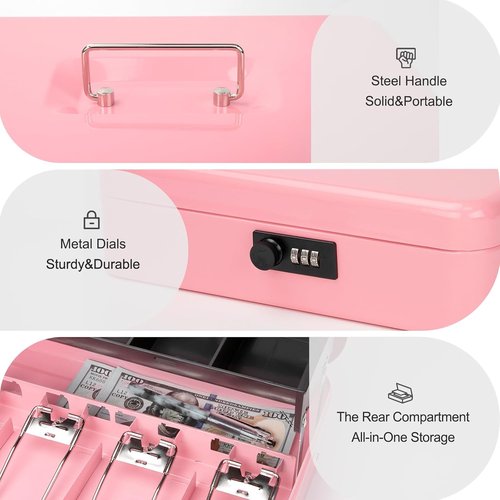 Jssmst Cash Box - Secure Pink Cash Box with Combination Lock & Money Tray | Large 11.8'' x 9.5'' x 3.5''