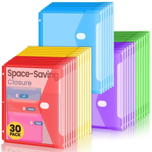 Sooez 30 Pack Binder Folders Organizer with Space-Saving Closure, Super Heavyweight Binder Pockets for 3 Ring Binders, High Capacity Binder Pouch, Side Loading, School Supplies, Letter Size, 5 Color