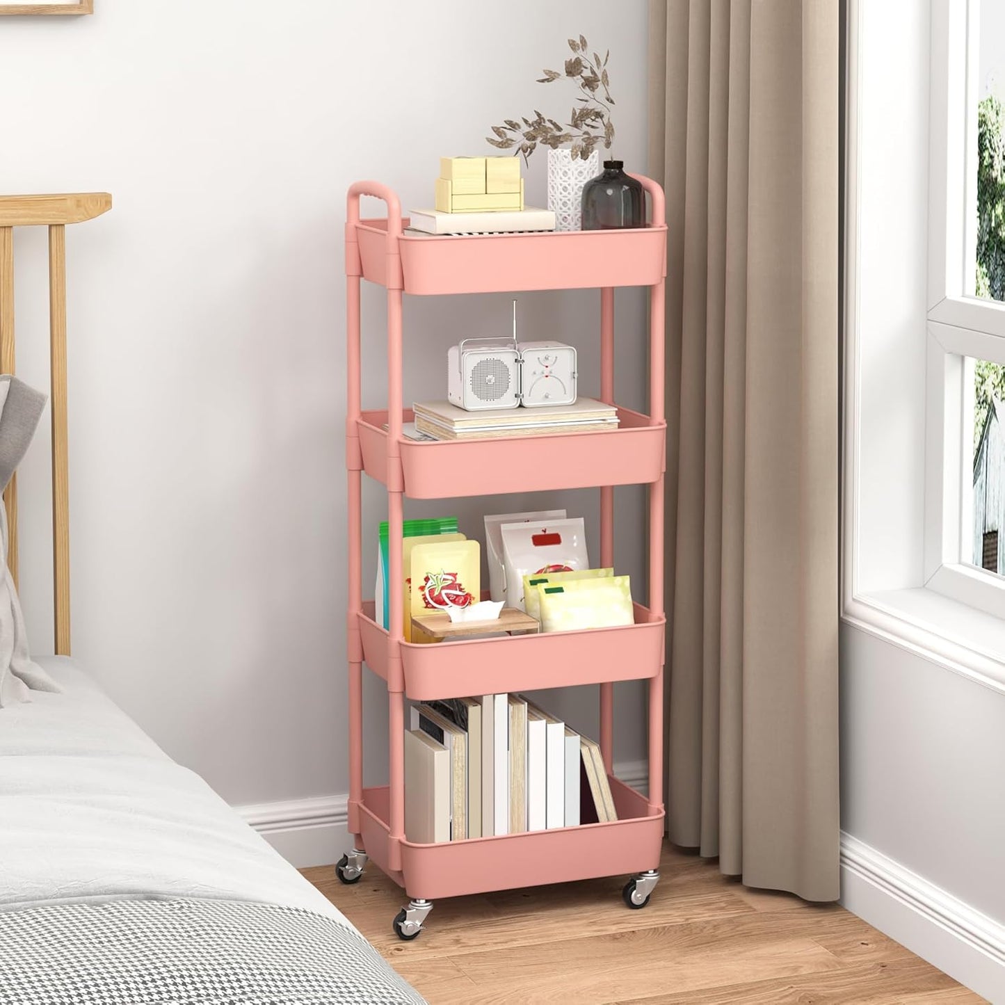 Sywhitta 4-Tier Rolling Utility Cart - Multi-Functional Storage Trolley with Handle, Pink