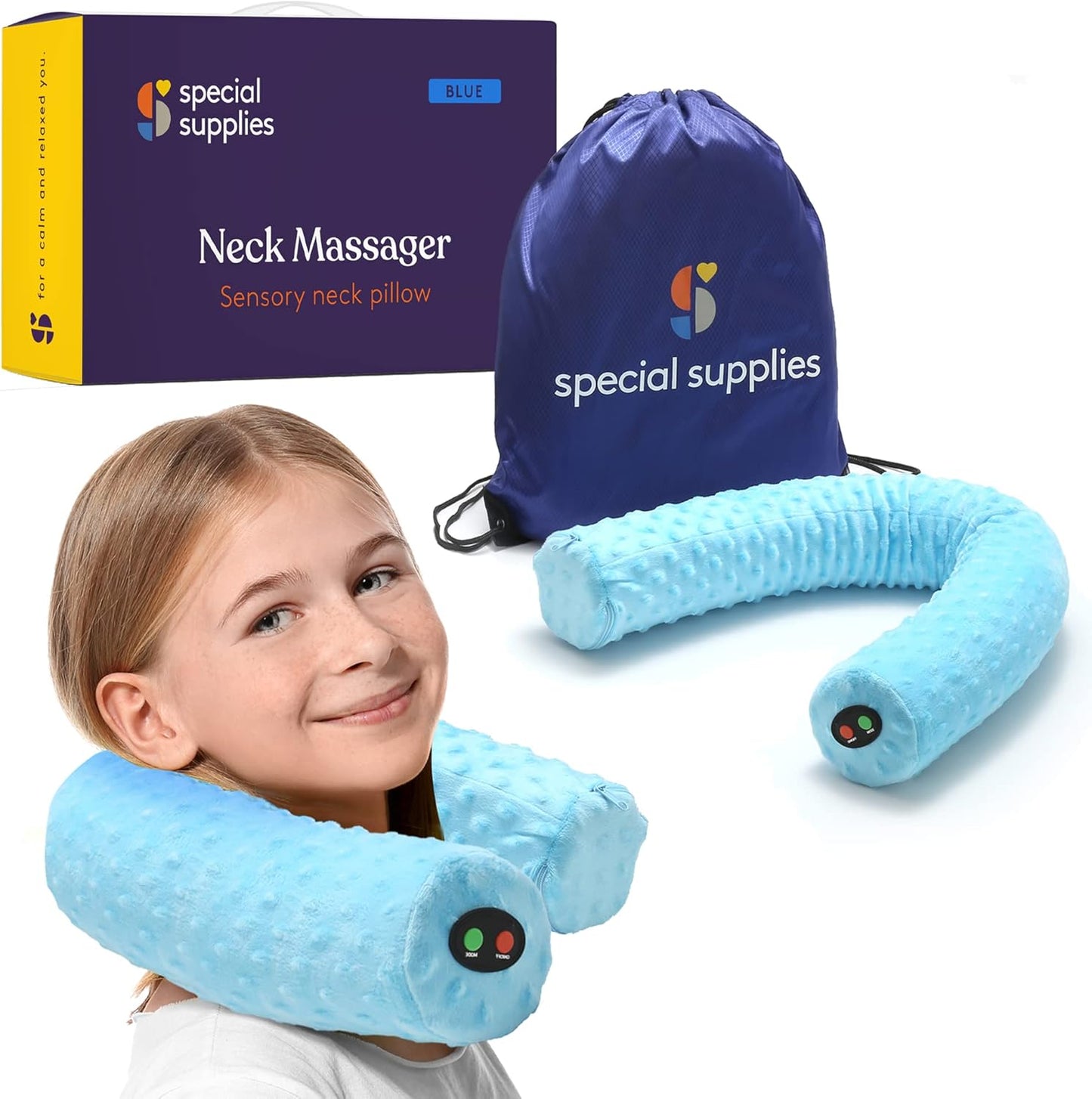Special Supplies Sensory Vibrating Neck Pillow - Plush Velvet Soft Cover for Calming Relaxation | Blue