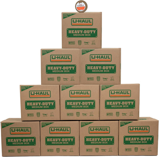 U-Haul 11-Piece Heavy-Duty Moving & Shipping Boxes - 10 Boxes with Handles + Bonus Tape - 18-1/8” x 18” x 16”