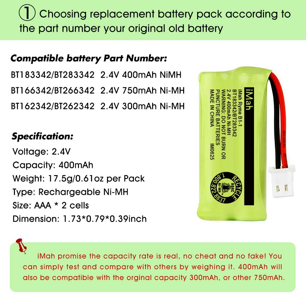 iMah BT183342/BT283342 BT166342/BT266342 BT162342/BT262342 Cordless Phone Battery Compatible for VTech CS6114 CS6419 CS6719 CS6719-2 AT&T EL52300 CL80112, 4-Pack