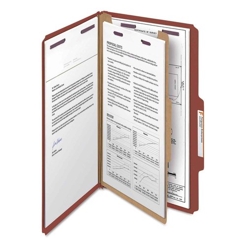 Smead Pressboard Classification File Folder with SafeSHIELD Fasteners, 1 Divider, 2" Expansion, Legal Size, Red, 10 per Box (18775)