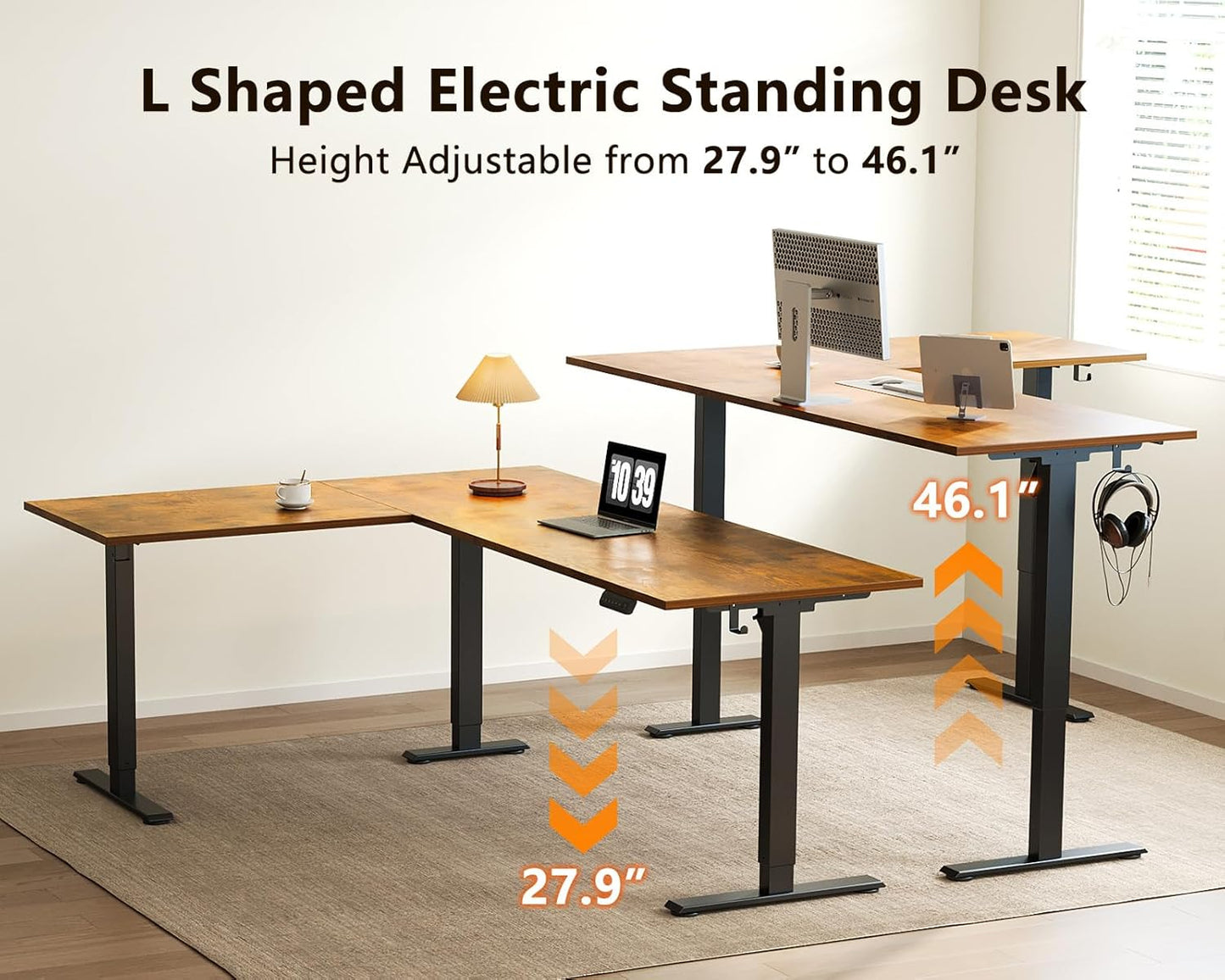 Casaottima 71-Inch Reversible Electric L-Shaped Standing Desk - Height Adjustable Ergonomic Workstation in Rustic Brown