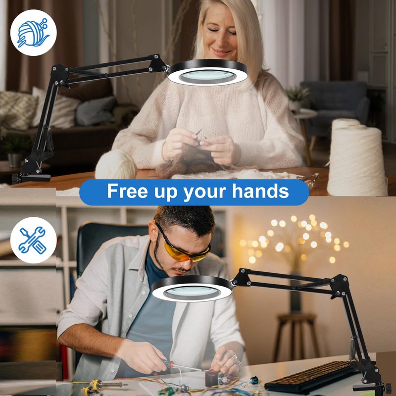 10X Magnifying Glass with Light and Clamp, Real Glass Lens, Adjustable Swing Arm, 3 Color Modes, Stepless Dimming LED Magnifying Lamp for Reading, Crafts, Soldering, Sewing & Close Work