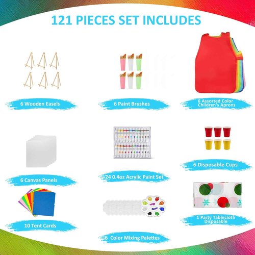 121 Pcs Art Painting Kit Supplies Set for Kids to Party - 60 Paint Brushes, 24 Acrylic Paints, 6 Wood Easels & Canvas Panels & Palettes & Aprons & Wash Pen Cup, 1 Plastic Tablecloth