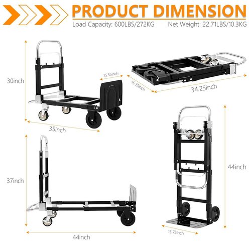 SST Upgraded Folding Hand Truck Dolly Cart, 660 LB Heavy Duty Luggage Cart, 3 in 1 Folding Hand Cart with Wheels and Bungee Cords for Moving Travel Shopping Airport Office