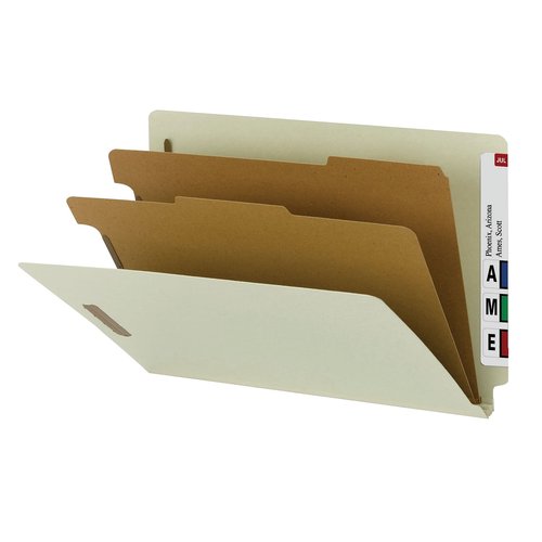 Smead 100% Recycled End Tab Classification Folder, 2 Dividers, 2" Expansion, Legal Size, Gray/Green, 10 per Box (29802)