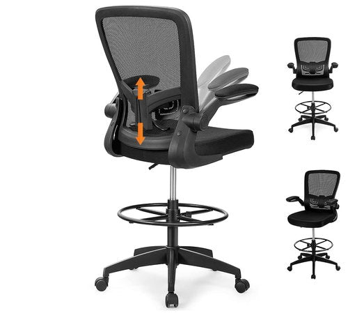 Giantex Drafting Chair, Ergonomic Tall Office Chair with Adjustable Lumbar Support & Footrest Ring, Executive Computer Standing Desk Chair with Flip-up Armrests, High Back Office Rolling Stool, Black