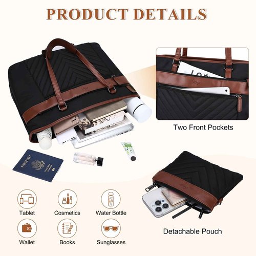 Kasqo Laptop Tote Bag for Women,15.6 Inch Computer Work Bag Water-Resistant Leather Shoulder Handbags with Clutch Purse Black-Brown