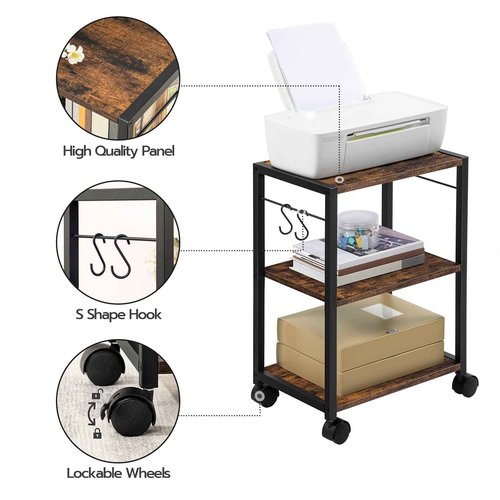 MAHANCRIS Printer Stand, 3-Tier Under Desk Rolling Cart with Storage Shelf, Heavy Duty Printer Table with Wheels for Home and Office, Printer Shelf with 2 Hooks, Small Spaces, Rustic Brown PTHR4001Z
