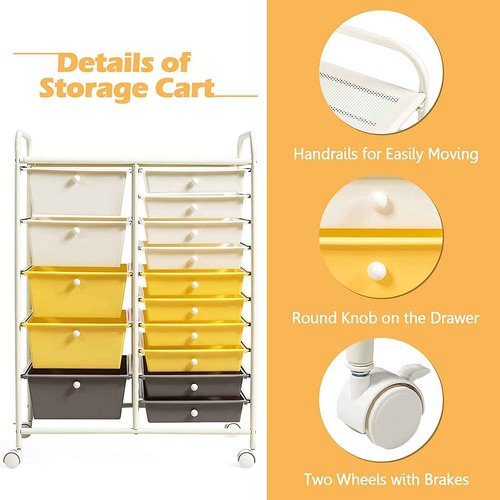 15-Drawer Storage Cart, Mobile Rolling Utility Cart w/Wheels, Multipurpose Organizer Cart for Tools, Scrapbook, Paper, Ideal for Home Office School (Yellow)