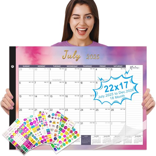 Gannyfer Desk Calendar 2025-2026, Large 22"x17" Monthly Calendar, July 2025 - Dec 2026, 18 Month Yearly Desktop Calendar with Notes, for Family, Office, and School(6 Stickers)