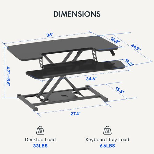 FLEXISPOT 36-inch Standing Desk Converter Height Adjustable Sit to Stand Up Workstation, Dual Monitor and Laptop Riser with Wide Keyboard Tray, Black