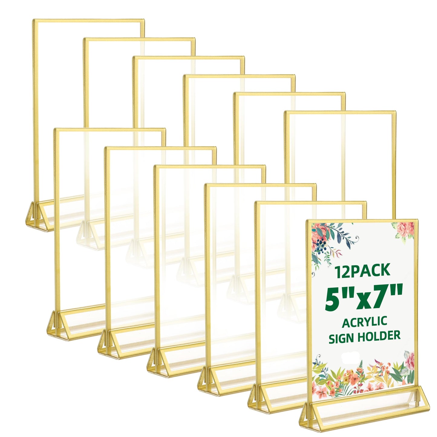 TonGass 12-Pack 5"x7" Gold Acrylic Picture Frames – 3mm Gold Border Wedding Table Number Holders, Clear Double-Sided Acrylic Sign Holders for Weddings, Banquets, Parties, Centerpieces