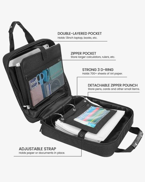 Realove 3 Inch 3 Ring Zipper Binder with Double Shoulder Strap & Handle - 3” D-Ring Binder with Zipper with Multi-Pocket (for 13” Laptop & Tablet and Smaller) for School-Black(Pen not Included)
