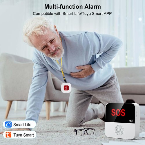Chatthen WiFi Pager, Caregiver Pagers Life Alert Systems for Seniors no Monthly Fee, 1 Receiver and 1 SOS Panic Button & 1 Watch Pager, Compatible with Tuya Smart/Smart Life APP