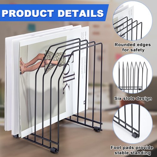 Chivertion 4 Pcs Wire File Organizer for Desk 6 Sections Metal Magazine File Holder Sorter for Binder Office Classroom School Paper Mail Book Storage, Black, 8.27 x 7.36 x 5.88 Inch