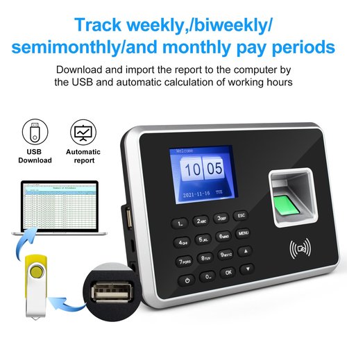 JIAN BOLAND A2 Time Clocks for Employees Small Business-Fingerprint, RFID and PIN Biometric Time Clock, Office Punch Clock, with 5 Badges and USB Drive (0 Monthly Fees)