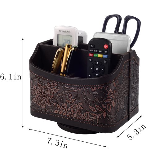 Antique Leather Remote Control Holder 360 Degree Spinning,Desk Rotating Organizer/Caddy for TV Remote Controllers,Pen,Calculator Media Player,DVD,Office Supplies,Mobile Phone Storage Box (Retro)