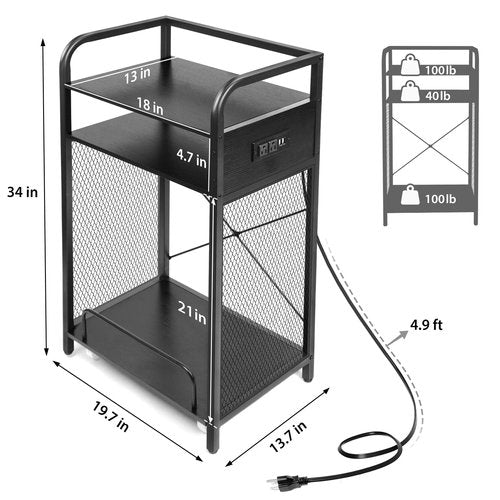 3-Tier Printer and Shredder Stand with Pull Out Shelf, 20" L x 14" W x 34" H Floor-Standing Printer Shredder Stand with Power Outlet, Printer Stand with Shredder Storage, Office Storage Rack