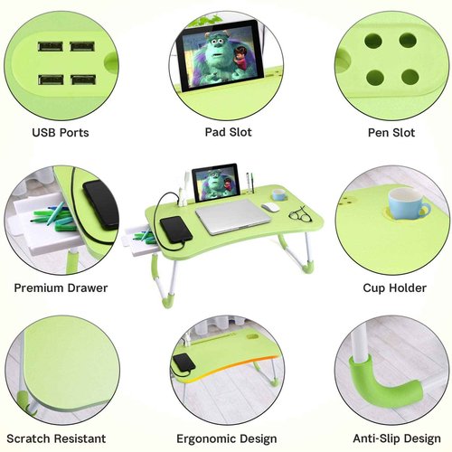 Slendor Lap Desk with Tablet Slot, Foldable Laptop Table with Storage Drawer for Bed，Portable Bed Desk for Laptop, Computer Tray with Cup Holder Notebook Stand Reading Holder for Couch Floor, Green
