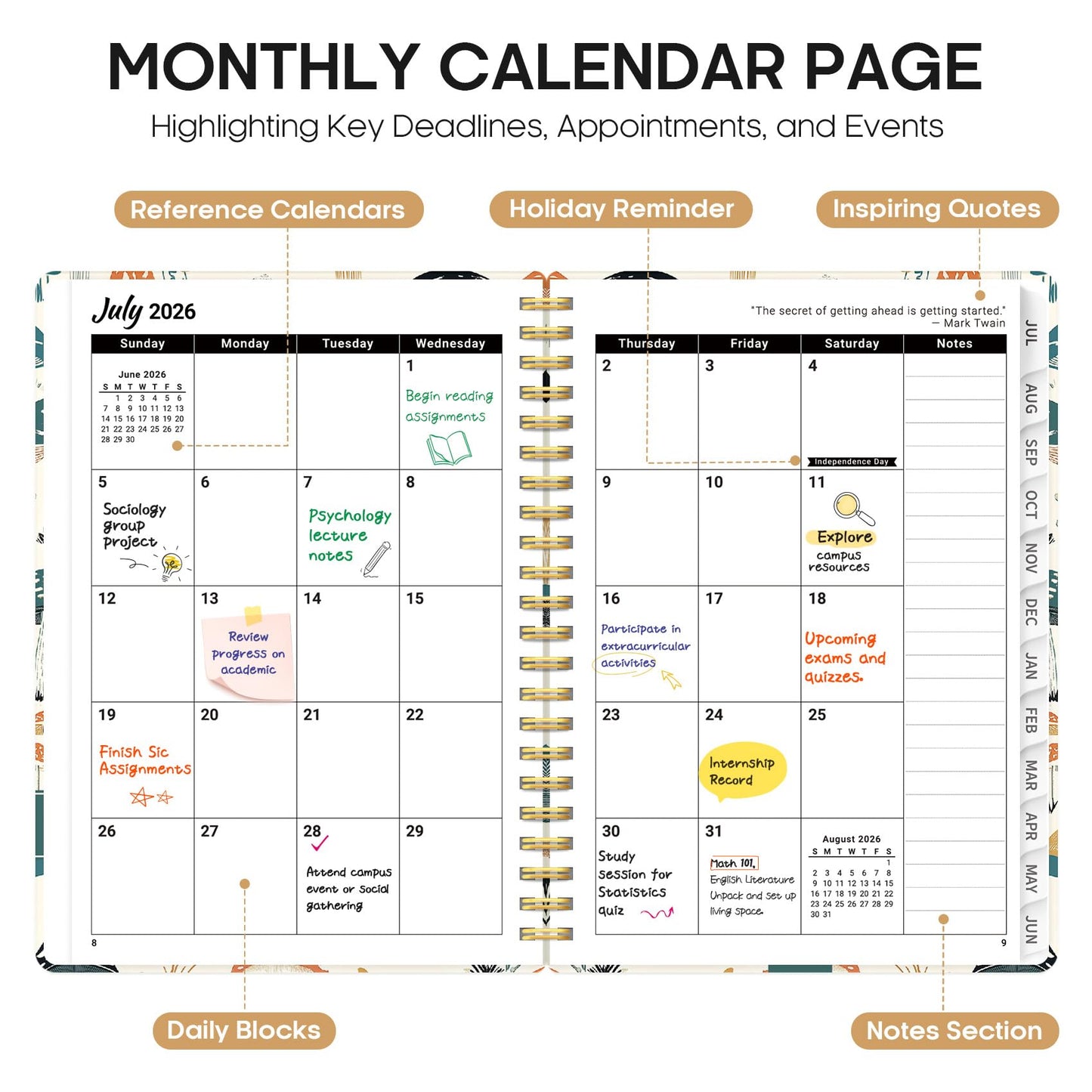 Planner 2026-2027, Academic Year Monthly and Weekly Calendar Planner, Jul 2026 - Jun 2027, Hardcover Teacher Student Planning Agenda book with Tabs, Perfect for School Office Supplies, 8.5" x 11" - Mushrooms Grove
