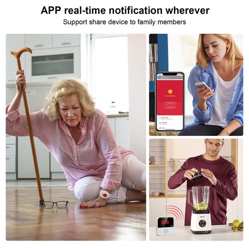 Chatthen WiFi Pager, Caregiver Pagers Life Alert Systems for Seniors no Monthly Fee, 1 Receiver and 1 SOS Panic Button & 1 Watch Pager, Compatible with Tuya Smart/Smart Life APP