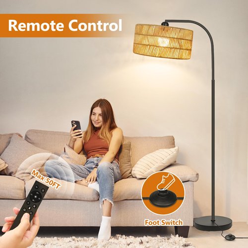 Brilvibera Rattan Floor Lamp- Boho Floor Lamp for Living Room, Rattan Standing Lamps with Dimmable Bulb, Adjustable Rattan Lamp Shades Bohemian Over Couch Lamps for Bedroom, Office