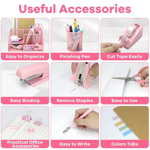 12Pcs Pink Office Desk Accessories Supplies, Desk Organizers and Accessories with Pen Holder, Clips Set,Tape Holder, Stapler for School Home Office Supplies Gift for Women