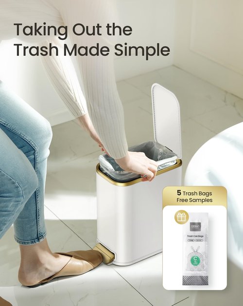Cesun Small Bathroom Trash Can with Lid Soft Close, 5 Liter/1.3 Gallon Stainless Steel Garbage Can with Removable Inner Bucket, Step Pedal, Slim Waste Basket for Toilet, Office, Bedroom (White&Gold)