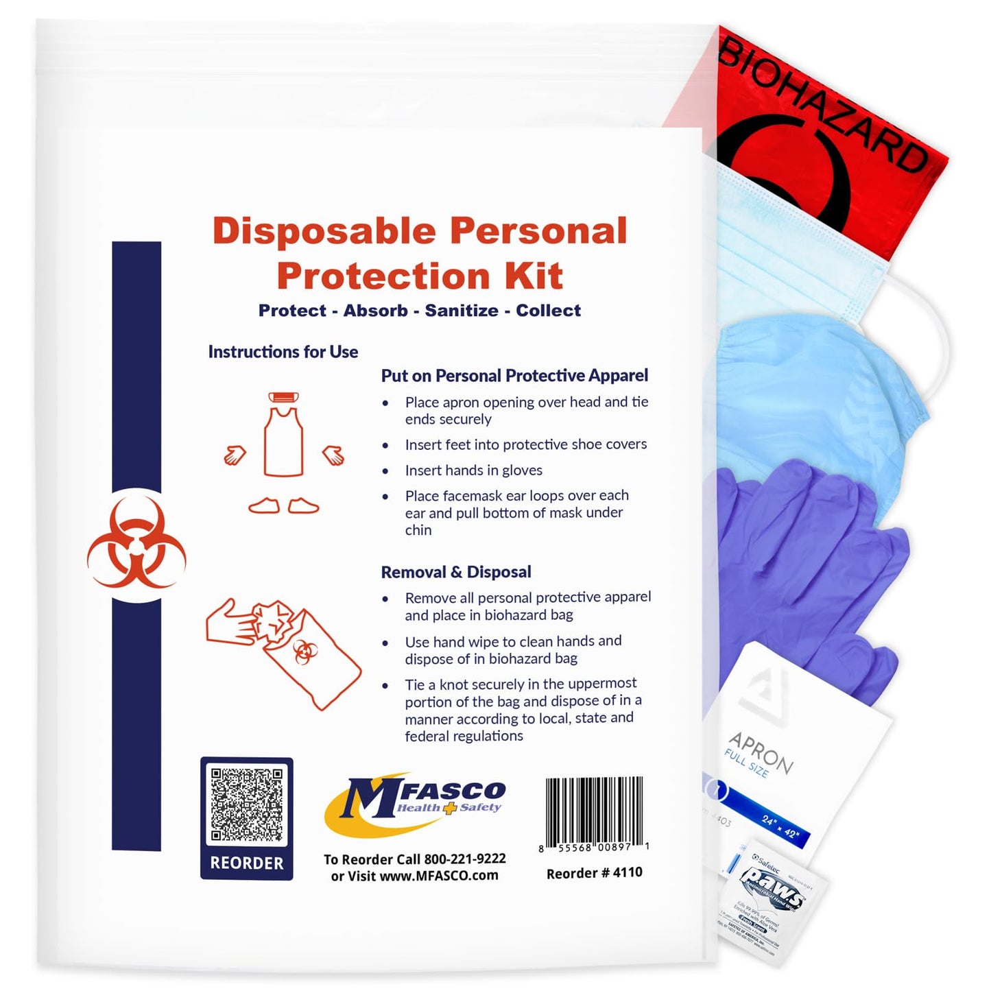 MFASCO Disposable PPE Kit with Apron & Visor - Complete Protection - Mask, Visor, Apron, Gloves, Shoe Covers - USA Assembled - Vomit, Blood, Urine & Feces Protection