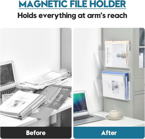 Qozary Clear Acrylic Magnetic File Holder - 2 Pack Magazine Rack for Office & Home Organization