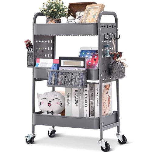 TOOLF 3-Tier Rolling Cart, Metal Utility Storage Cart with DIY Pegboards, Art Craft Trolley with Baskets Hooks, Serving Organizer Easy Assemble for Office, Home, Kitchen, Classroom (Grey)