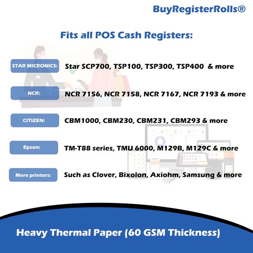 80 GSM Extra Thick Paper (24 Rolls) 3 1/8 x 230 Thermal Paper Receipt Rolls (Heavy Thermal Lenght 200-230ft) fits all Clover POS Cash Register Printers Thermal Paper from BuyRegisterRolls