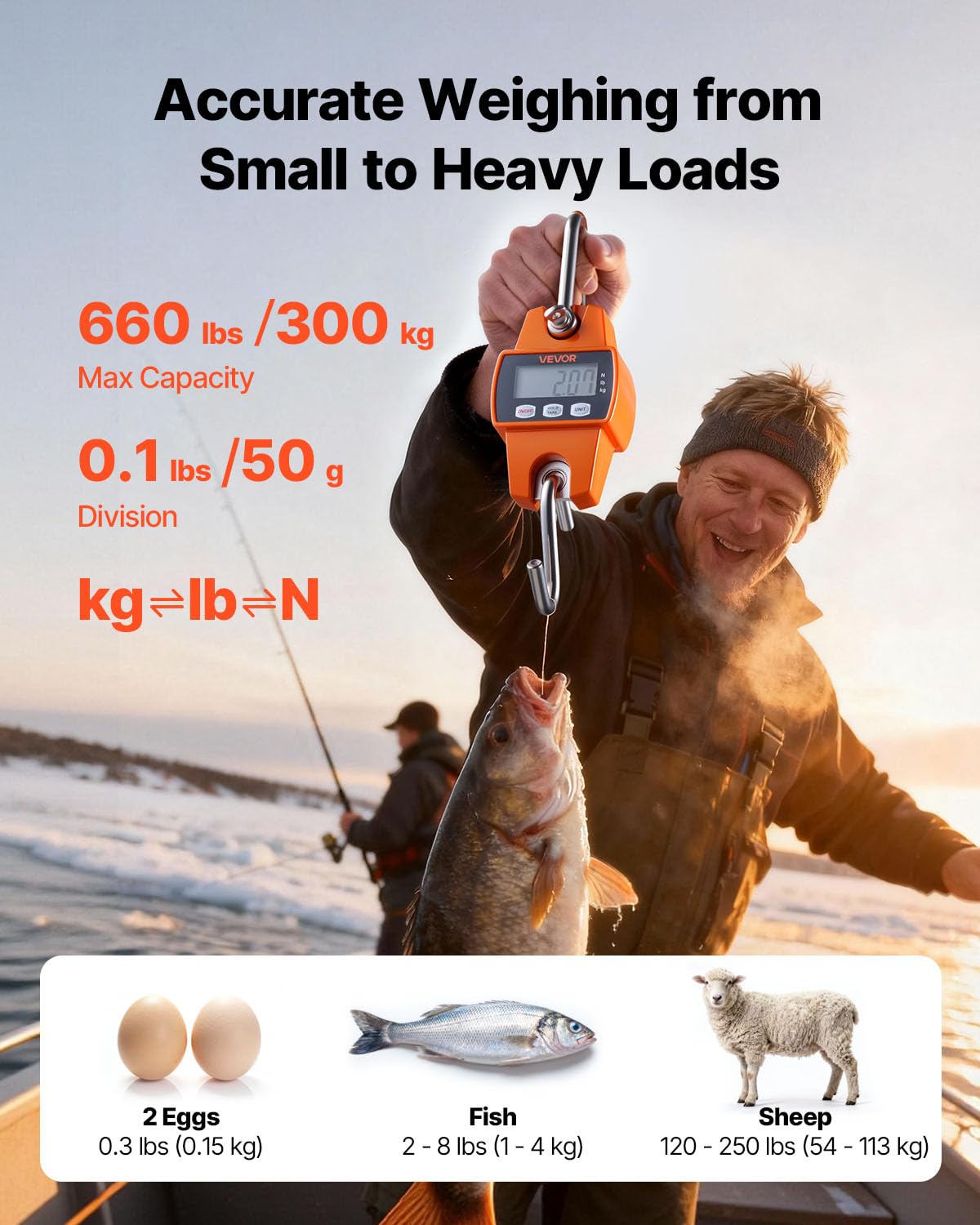 VEVOR Digital Crane Scale - 660 lbs Heavy Duty Hanging Scale with LCD Screen & Hooks | Orange