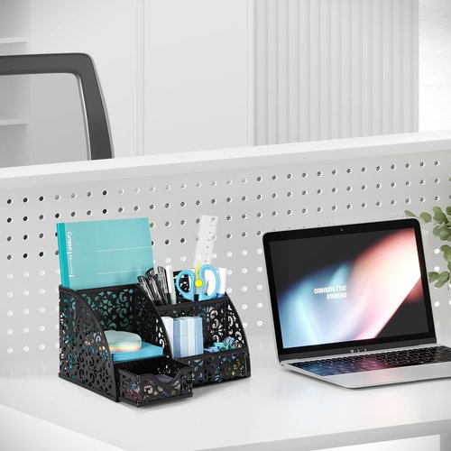 EasyPAG Desk Organizer with Sliding Drawer - 6 Compartments Metal Desktop Caddy, Decorative Elegant Hollow Flower Design, Anti-Scratch Pads for Home, Office, School, Black