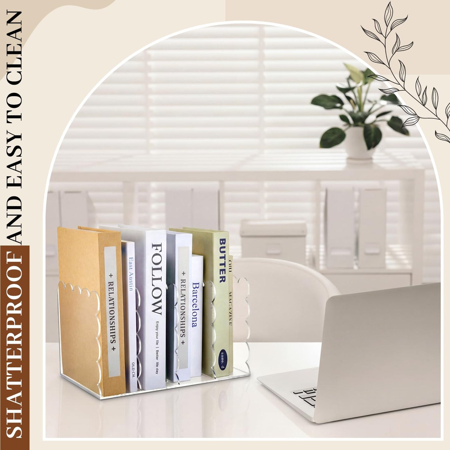 AmazingSpark 1 Pcs Scalloped Acrylic Book Holder for Desk with 4 Compartments 11.22 x 7.28 x 6.5 Inches Clear Acrylic Magazine Organizer Storage Mail Sorter with Wave Edge Design for Office Home