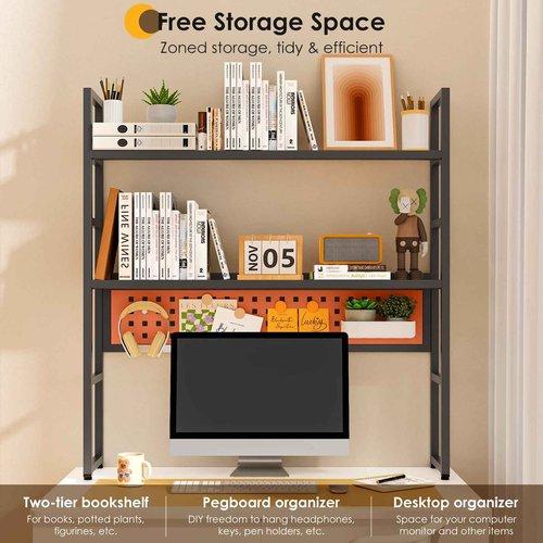 Brakki Desk Shelf, 35.43" Desk Hutch Bookshelf, Desktop Shelf with Pegboard for Computer Monitor, Metal Desktop Hutch Storage Organizer for Dorm Home Office, 2 Tier Bookcase, Black