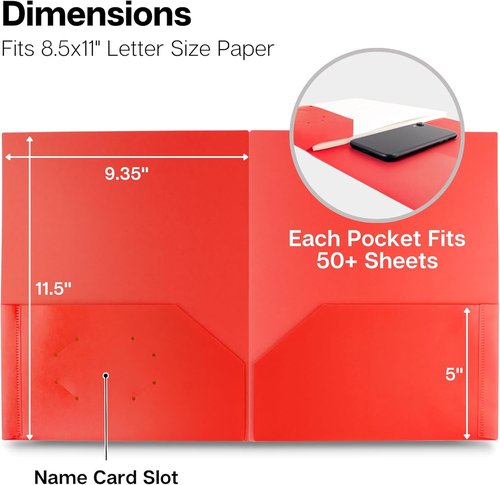 Dunwell Plastic Folders - Durable 2 Pocket Poly Folders with Removable Labels | Red, 3 Pack for School & Office