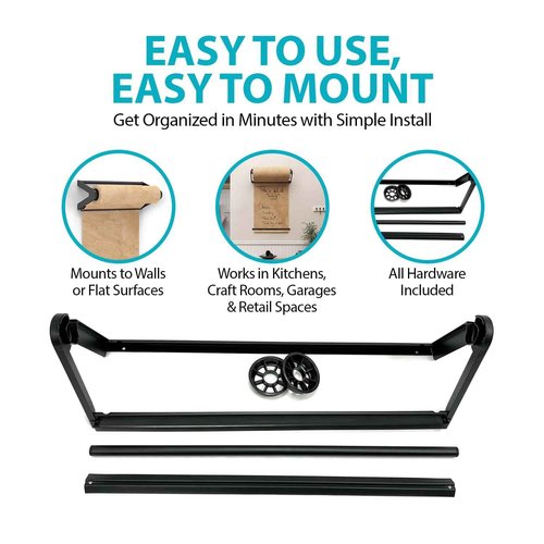 MetCrafted Metal Wall Mounted Paper Roll Dispenser with Cutter Bar – 18” Wide Black Craft Paper Roll Holder – Ideal for to-Do List Board, Daily Notes, Menus, Grocery Lists and More