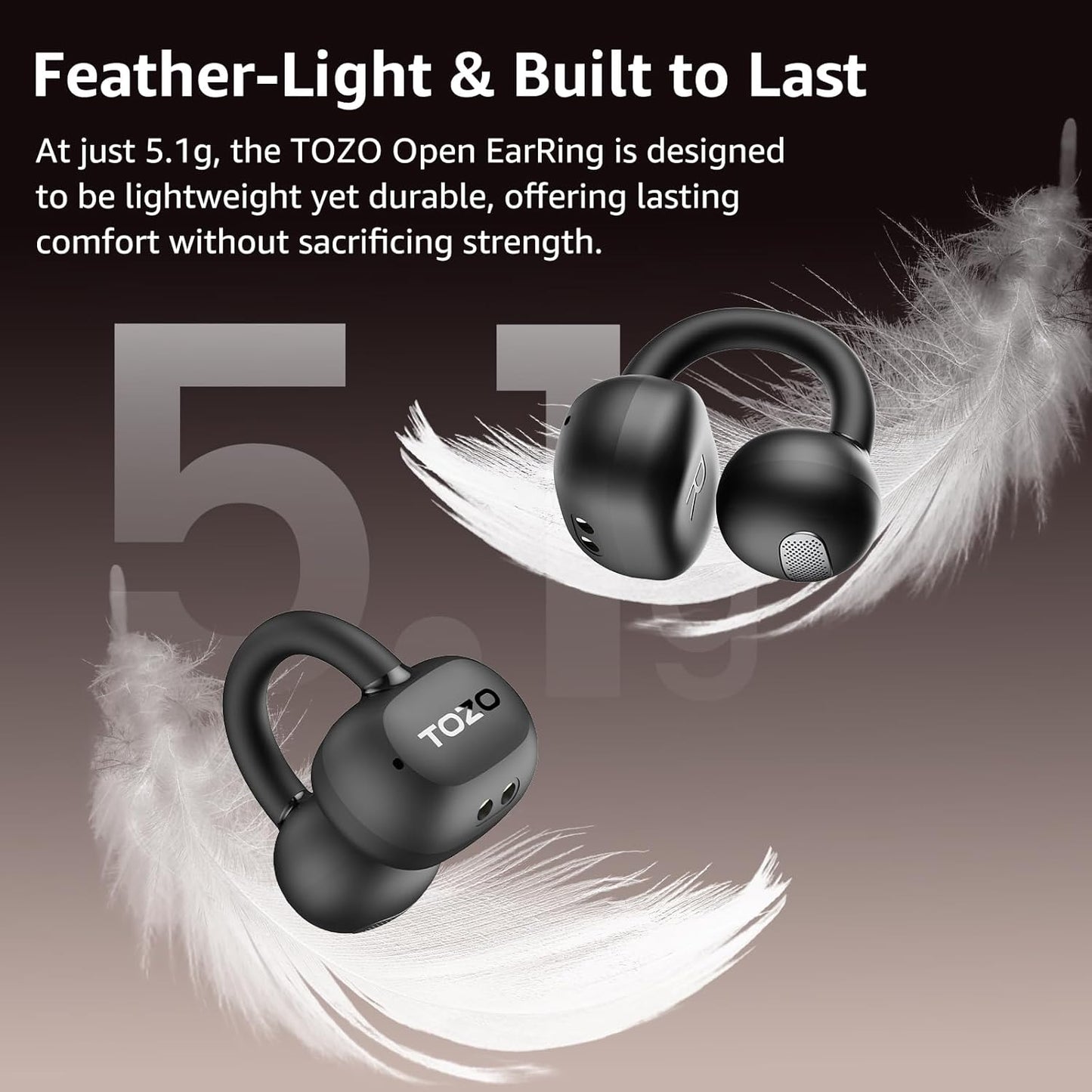 TOZO OpenEarRing Wireless Earbuds - Lightweight Comfort with 40H Playtime & Smart Display | Black