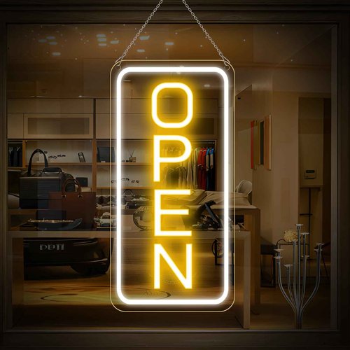 22.8"x 11.8" Ultra Bright 12V Neon Open Sign for Business, LED Open Neon Sign, Electric Light up Signs for Stores, Restaurants Offices Retail Shops Window (Yellow-White-Vertical)