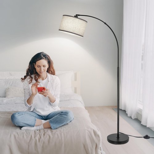 Black Arc Floor Lamps for Living Room,Modern Standing Lamp with Adjustable Drum Lampshade Tall Pole Lamp with Foot Switch Over Couch Arched Floor Light for Reading Bedroom 8W LED Bulb Included