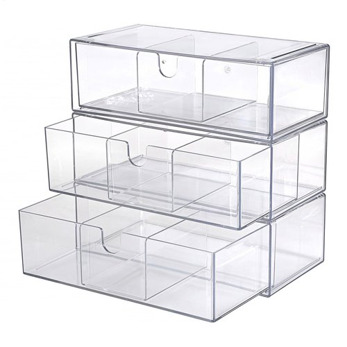GUSHBIN Acrylic Pencil Drawer with Removable Dividers Clear Pull Out Pen Drawer Organizer Stackable Bathroom Organizer for Makeup, Cosmetics, Office Supplies,3 Pack