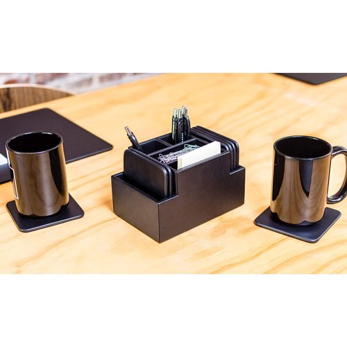 Dacasso Black Leatherette 8 Square Coaster Set with Holder